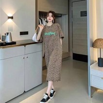 수입원피스 수입의류 여성을위한 긴 표범 인쇄 짧은 소매 티셔츠 드레스 여름 한국 거리 캐주얼 대형 무릎 길이