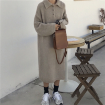 모노위크 당일배송특가 버튼 카라넥 루즈핏 롱니트원피스