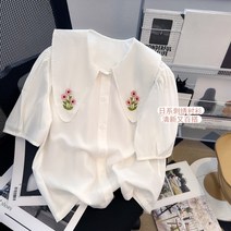 빅카라 블라우스 남행선옷 프릴 빅사이즈 블라우스셔츠 빅 카라 둥근카라 Ciryy Button Up Shirt 여성 여름 화이트 프랑스 자수 꽃 반팔 귀여운 Sweet Tops
