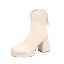 DFMEI 여성 통굽 가보시 힐 지퍼 가죽 워커입니다