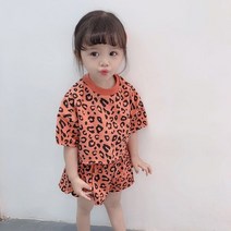 유아여름옷 여아용 여름 코튼 의류 세트 유아용 레오파드 프린트 티셔츠 및 반바지 2 개 어린이 운동복