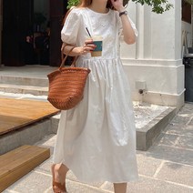 L.ONLINE SHOP아일렛 레이스 라운드넥 롱원피스 반팔퍼프소매 2컬러 원피스 하객룩 트위드원피스 쉬폰원피스 뷔스티에원피스