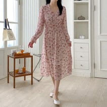 여자 러블리 플라워 패턴 스모크 쉬폰 프릴 롱원피스