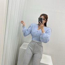 4칼라 에치틴 앙고라 퍼 언발 크롭 니트 가디건