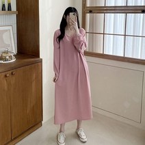 퍼니걸스 6129 오버핏 브이넥 무지 소매 퍼프 벌룬 롱 원피스 여성의류