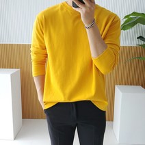 [노란색티셔츠] 남자 오버핏 특양면 스판 라운드 무지 긴팔 티셔츠