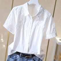 자수 순면 셔츠 여 화이트 반팔 여성셔츠 블라우스 캐쥬얼셔츠 여자봄