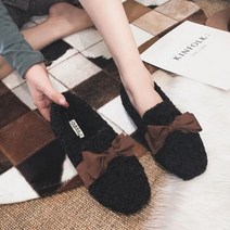 여성 캐주얼 컴포트 슬립 온 플랫 귀여운 모피 솜털 나비 매듭 로퍼 겨울 따뜻한 플러시 뮬 레트로 신발 클래식 모카신