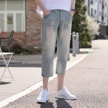 플레이즈 남성용 블루컬러 자체제작 은은한 워싱 루즈핏 7부 청바지
