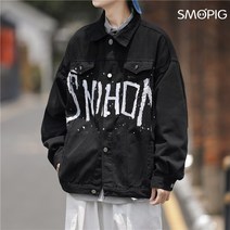 SMOPIG 남성 차이나 캐주얼 심플 그래피티 프린트 데님 재킷
