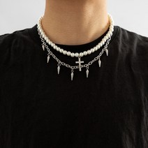 펑크 진주 비즈 체인 스파이크/크로스 펜던트 목걸이 남자 힙합 레이어드 스테인레스 스틸 초커 세트 패션 쥬얼리