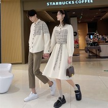 시밀러룩 커플 복장 봄 센스 핫 긴팔 체크 무늬 셔츠 드레스 프렌치 스커트 여름 휴가룩