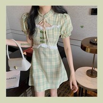 [하나비] 공크헤드비이루 여성 여름 라운드넥 리본 원컬러 체크 퍼프소매 미니원피스