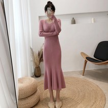 로필 / 브이넥 슬림핏 머메이드 플레어 골지니트롱원피스