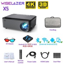 wiselazer x5 프로젝터 지원 4k android 9.0 1080p hd led 휴대용 프로젝터 키스톤 보정 홈 교실 회의, x5 64g 추가, 우리 플러그