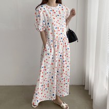 도형 패턴 퍼프소매 루즈핏 허리끈 롱 원피스
