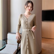 2022 가을과 겨울 프랑스 빈티지 v-neck 스웨터 스커트 한국 버전의 긴 무릎 수직 니트 드레스 여성