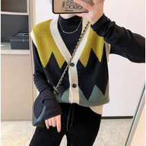 아가일 패턴 V넥 노카라 여자 중학생 조끼 가디건 고등학생 여중생 옐로우 블루 도서관