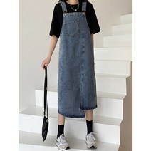 캐주얼원피스 데님롱원피스 20대하객룩 여성 복장 대형 데님 멜빵 Vestidos Feminio 경기 민소매 스퀘어 칼라 롱 드레스 빅사이즈 5X