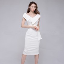 화이트 오피스원피스 빅카라 민소매 슬림 벨티드 미디