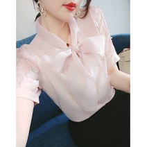 오간자 타이 리본 펀칭 에스닉 쉬폰 블라우스 청 남방