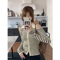 오프숄더니트 오픈숄더 브이넥 골지 스트라이프