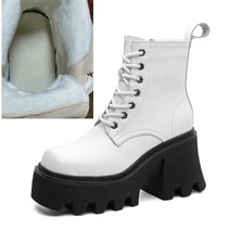 여성 부츠 하이힐 대형 스퀘어 헤드 정품 가죽 여성 발목 부츠 플랫폼 영국 스타일 모피 겨울 부츠 여성