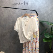 라임브릿지 이너프 라인 펀칭 레이스 라운드 반팔 블라우스