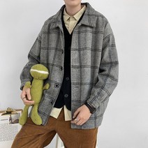 추동 모직 코트 복고 루즈핏 체크 코트