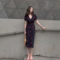 [ILLU]여자 시원한 소재 V라인 네이비 프린팅 랩원피스 치마 여름 여성 봄원피스 대학생코디_hAeEA