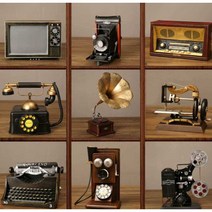 레트로 앤틱 소품 옛날 전화기 빈티지 카페 축음기 티비, 연철 라디오-베이지