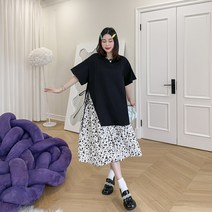 쉬폰밑단 배색 빅사이즈 반팔 롱 원피스