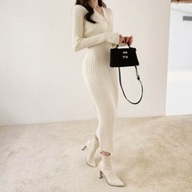 [랜덤플레이] 모크 브이넥 골지 롱 니트 원피스