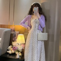 새로운 서스펜더 드레스 봄과 여름 꽃무늬 롱 스커트 썬크림 카디건 슈트 퍼플 카디건 재킷 S 추천 80-90 catties의 해변 휴가 한국 버전