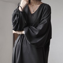 지홍 JIHONG 봄가을 브이넼 블랙 롱원피스 빅사이즈 루즈핏
