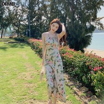 DFMEI 빈티지 프린트 소프트 프릴 롱 스커트 홀터넥 나시 원피스