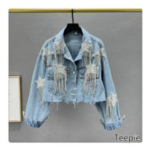 티피/Teepie 데님 재킷 여성 봄과 가을 새로운 스팽글 크롭 탑