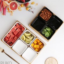 푸코 로우 우드 디저트트레이 반찬나눔접시 2구 3구 4구 5구반찬그릇 10Style, 2.블랙, 4.정사각4(트레이 포함)