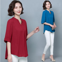 에쉬울프 중년 여성 여름 루즈핏 반소매 쉬폰 블라우스