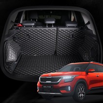 [KHAN칸] 셀토스 트렁크매트 차박 매트 풀커버 차량 용품 악세사리, 카본가죽 (금장스티치), 스피커 무(풀세트) 6p