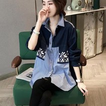휠렉스 봄 여성 차이나넥 루즈핏 긴소매 배색 데님 셔츠 9264