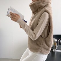 여자 겨울 봄 가을 레이어드 터틀넥 인조퍼 밍크 조끼 베스트 연말 모임룩
