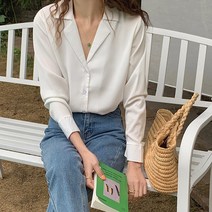 브이넥 오픈 카라 베이직 블라우스 셔츠 여성 남방 긴발