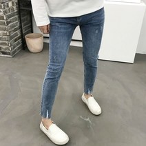 용된다 남성용 여름 워싱 밑단 컷팅 슬림핏 데님 청바지