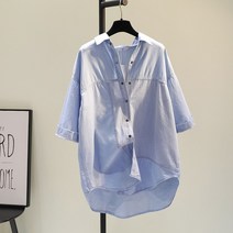 여자 롱 청 데님 남방 셔츠 프린트 원피스 롱티셔츠 여성 카운터 2021 여름 새로운 한국어 느슨한 수직 줄무늬 데님 중간 길이 셔츠 여성 캐주얼