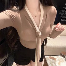 가을 여순욕 스윗매시 시크 레깅스 이너 긴팔 상의 배색 스트링 티셔츠