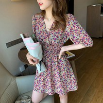 여름 원피스 부드러운 스타일 요정 긴 원피스 모리 한국 쇄골 스퀘어 칼라 버블 슬리브 쉬폰 잔꽃 원피스 빠른배송