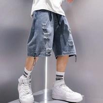 위위브렌 남자 데님 반바지 데미지워싱 밴딩 스판 5부 청반바지