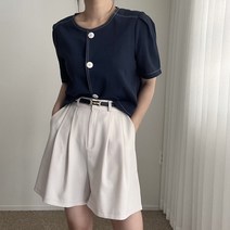 에이치스 구김적은 라운드넥 노카라 스티치 반팔 가디건 블라우스