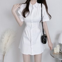 카라 핀턱 뒷 밴딩 퍼프 반팔 셔츠 원피스